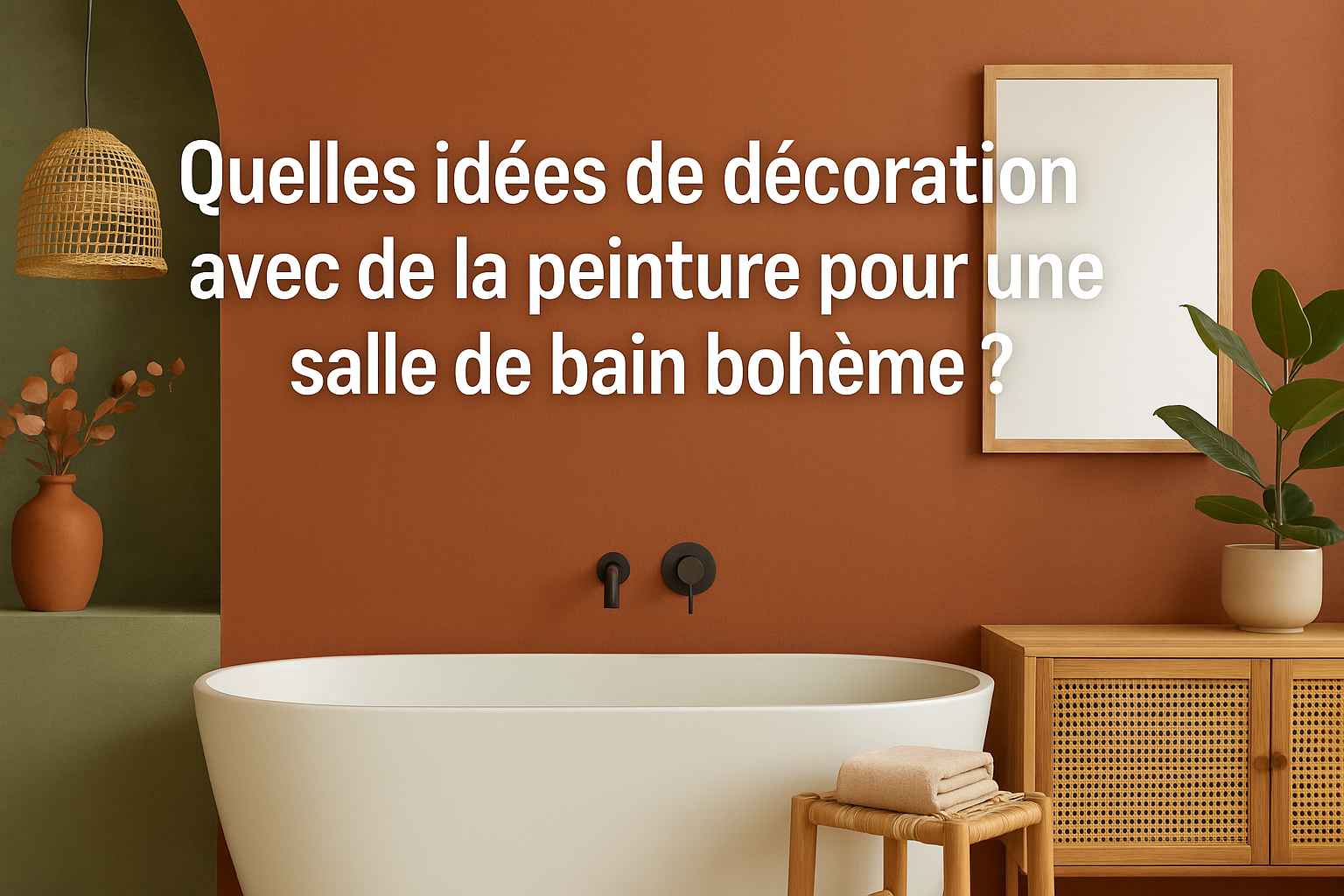 Bannière représentant une salle de bain bohème avec des murs peints en terracotta et vert sauge, une baignoire blanche minimaliste, des éléments en rotin et bois clair, des plantes vertes et une ambiance chaleureuse et naturelle.
