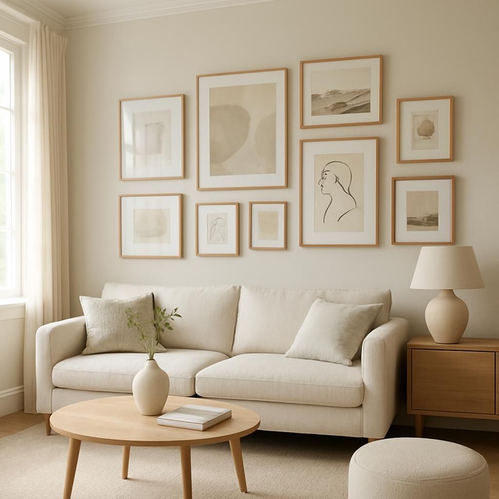 Disposition de cadres au salon pour une décoration murale harmonieuse