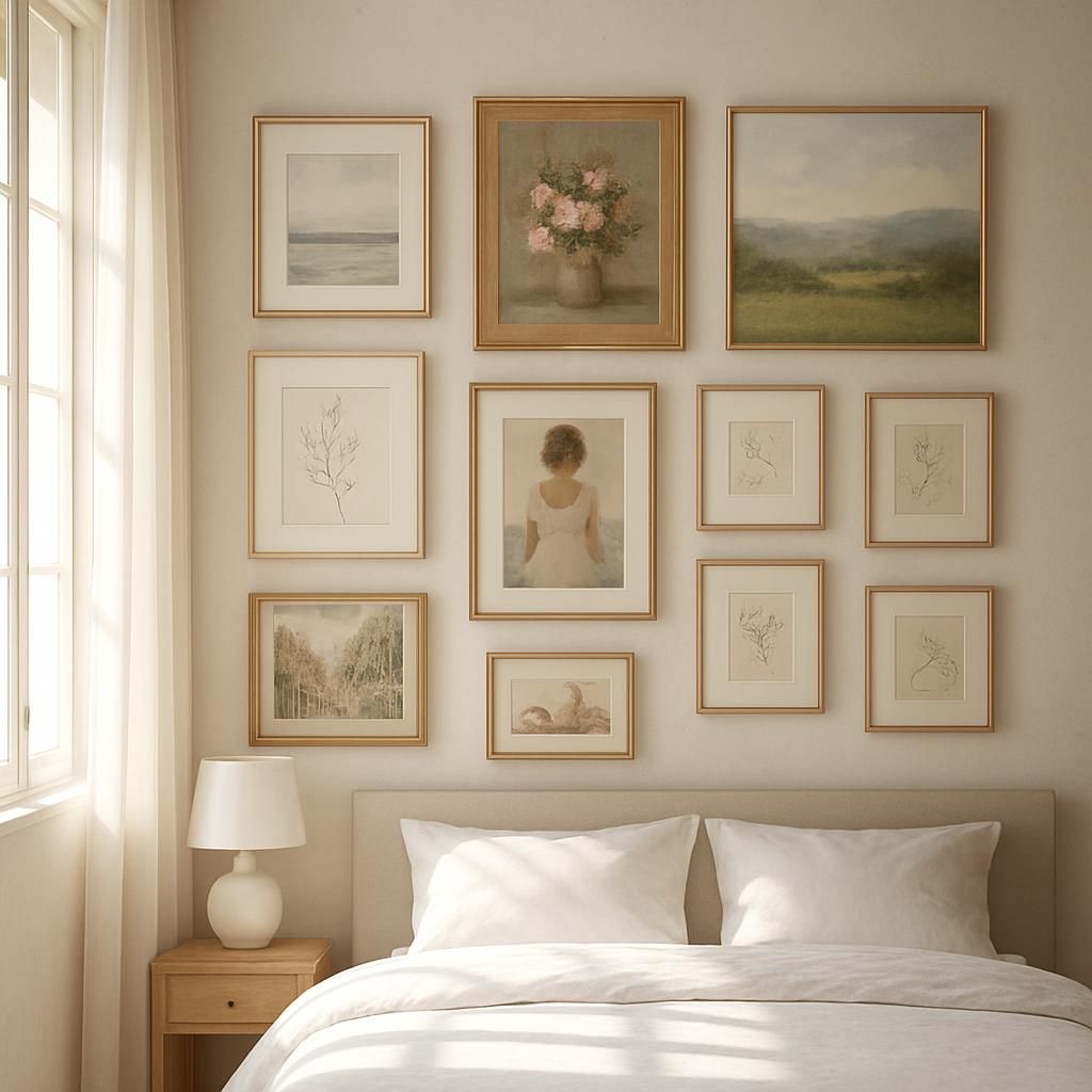 Disposition de tableaux dans une chambre pour décorer un mur avec style