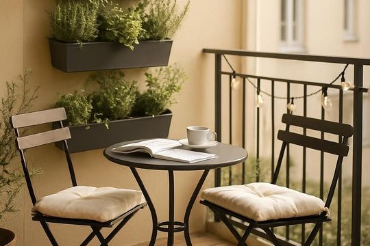 Décoration d'un petit balcon avec des plantes et mobilier adapté