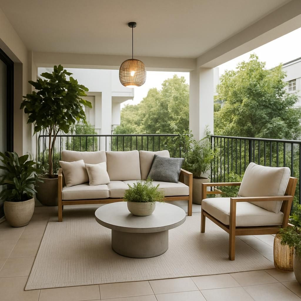 Décoration d'un grand balcon avec des plantes et du mobilier extérieur