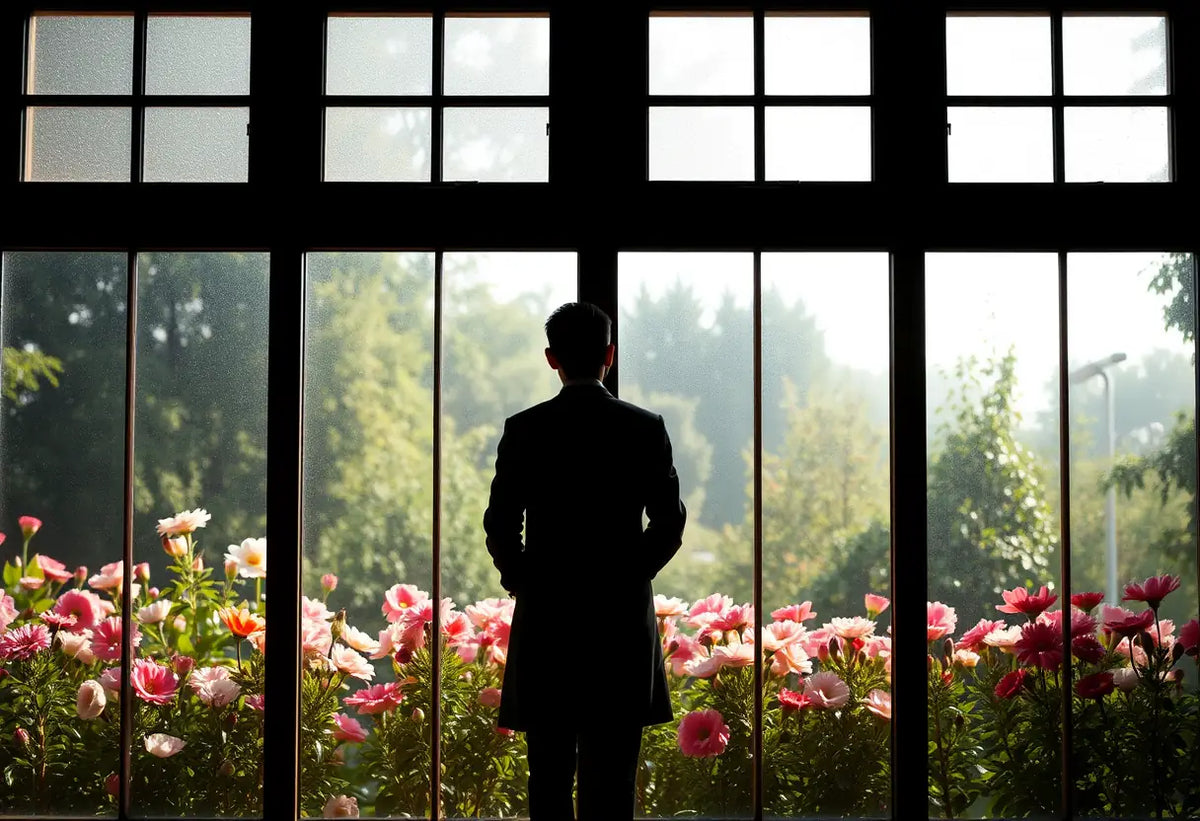 Un silhouetté regarde un jardin fleuri à travers une grande fenêtre.
