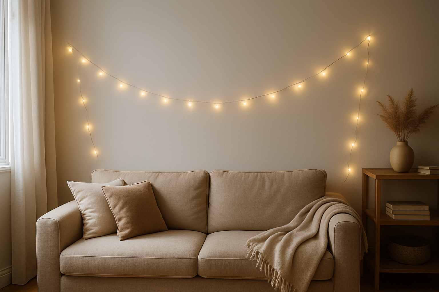 Guirlande lumineuse accrochée au mur sans trou à l'aide de crochets adhésifs transparents, dans un salon lumineux avec canapé beige et étagère en bois.