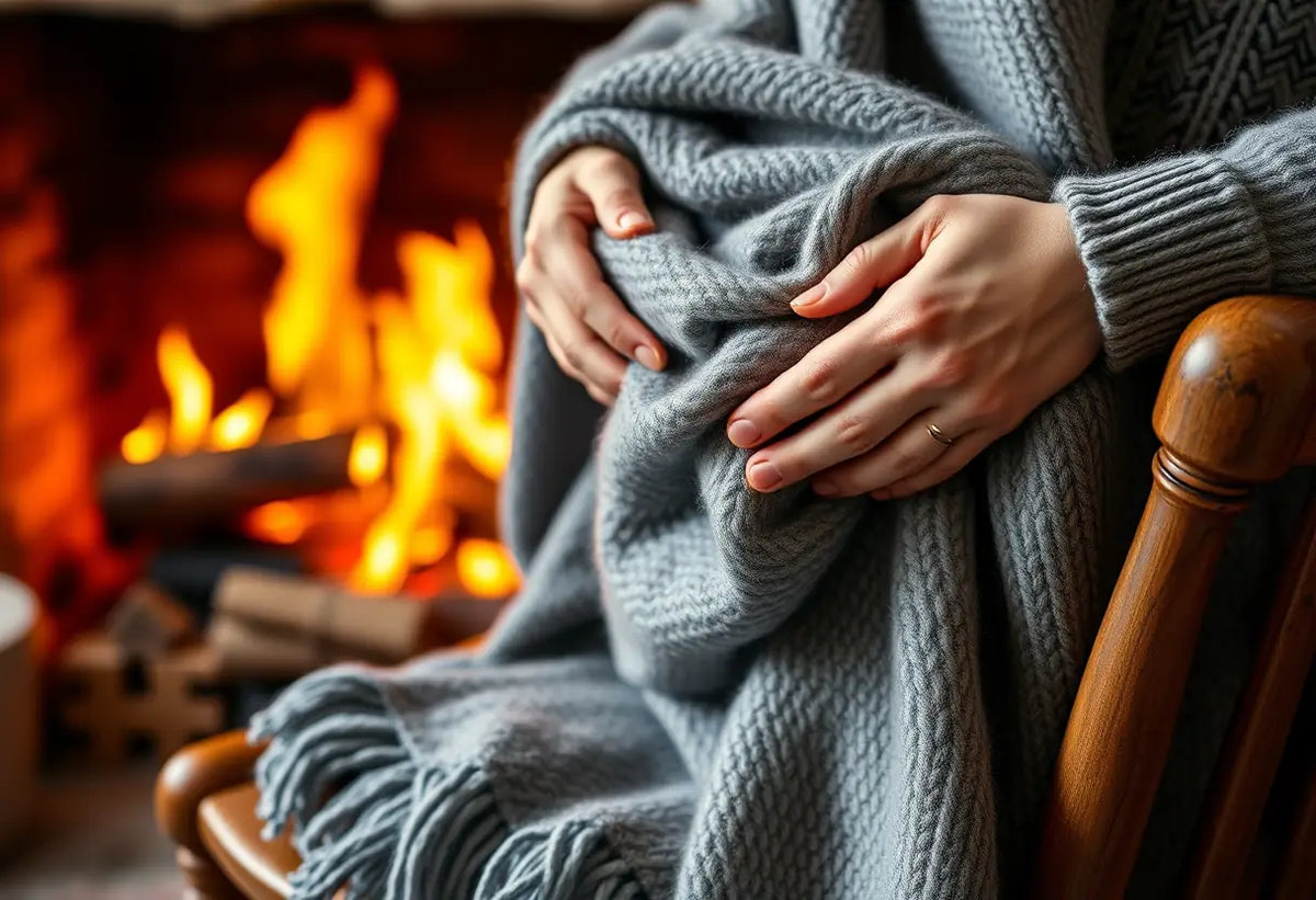 Mains repliant un plaid gris sur un fauteuil en bois