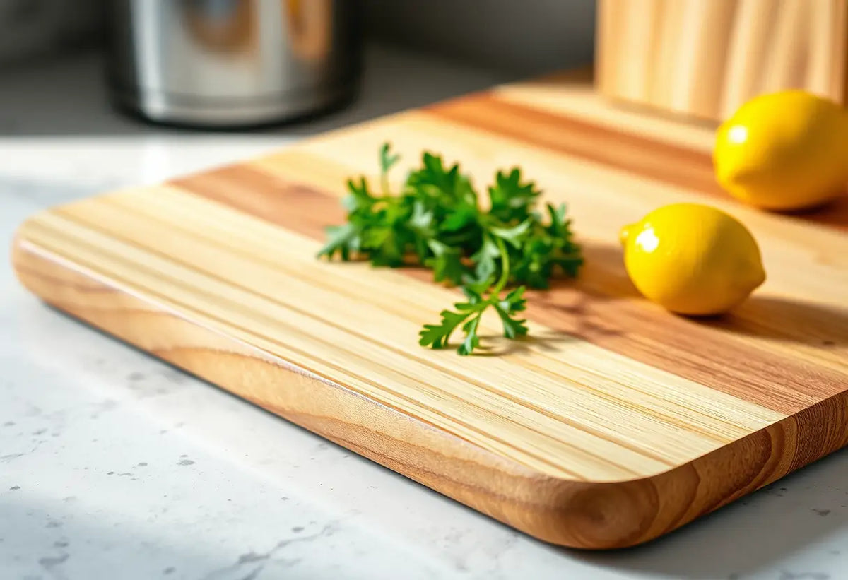 Un plan de travail en bois naturel avec herbes fraîches dans une cuisine.