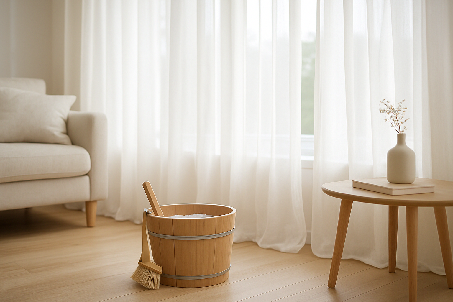 Grands voilages blancs lumineux devant une fenêtre, avec un seau de bicarbonate pour les blanchir, ambiance salon épuré