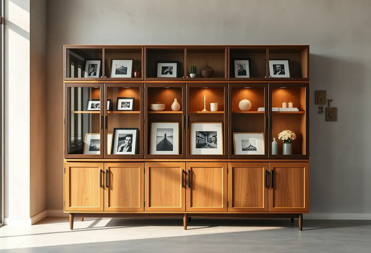 Buffet haut avec portes en verre dans un studio contemporain