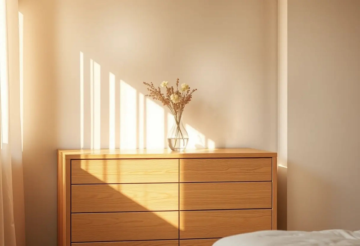 Dressoir en bois clair dans une chambre, reflétant la lumière naturelle, avec une petite vasque de fleurs sèches.