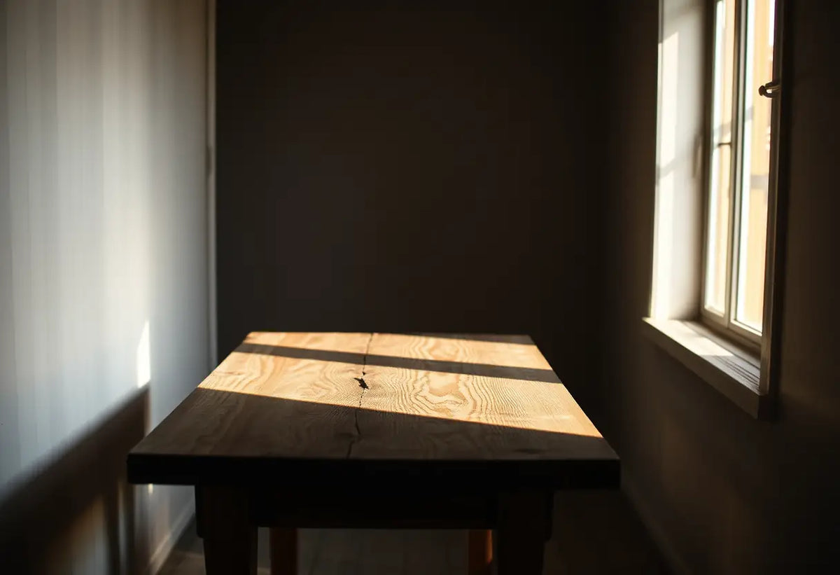 Un meuble en bois brut dans un couloir éclairé par la lumière du jour