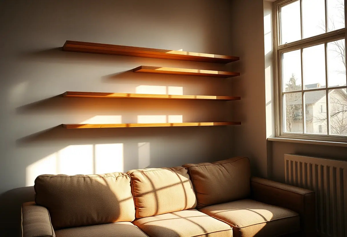 Étagères en bois le long d’un mur baigné de lumière naturelle