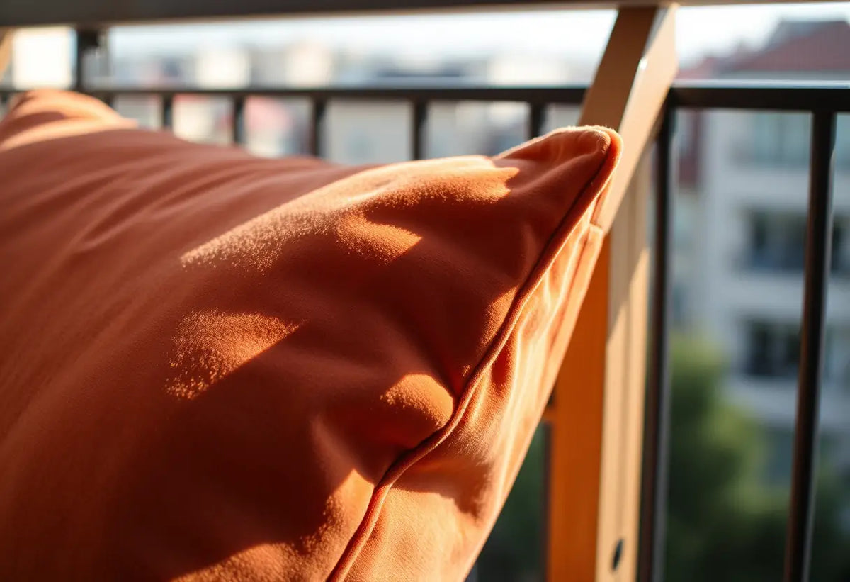 Un coussin en velours sur un balcon, la texture de la matière se détachant sous la lumière