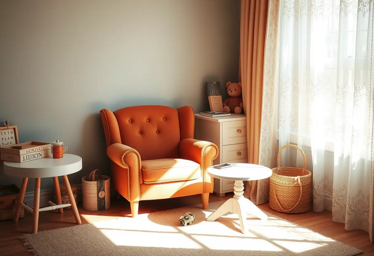 Un petit fauteuil dans un coin de chambre d'enfant, éclairé par la lumière du jour filtrant à travers des rideaux en dentelle