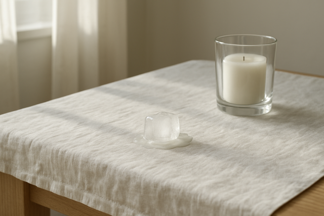 Nappe en lin blanc avec une tache de cire de bougie, un glaçon posé dessus pour durcir la cire, près d'une bougie éteinte