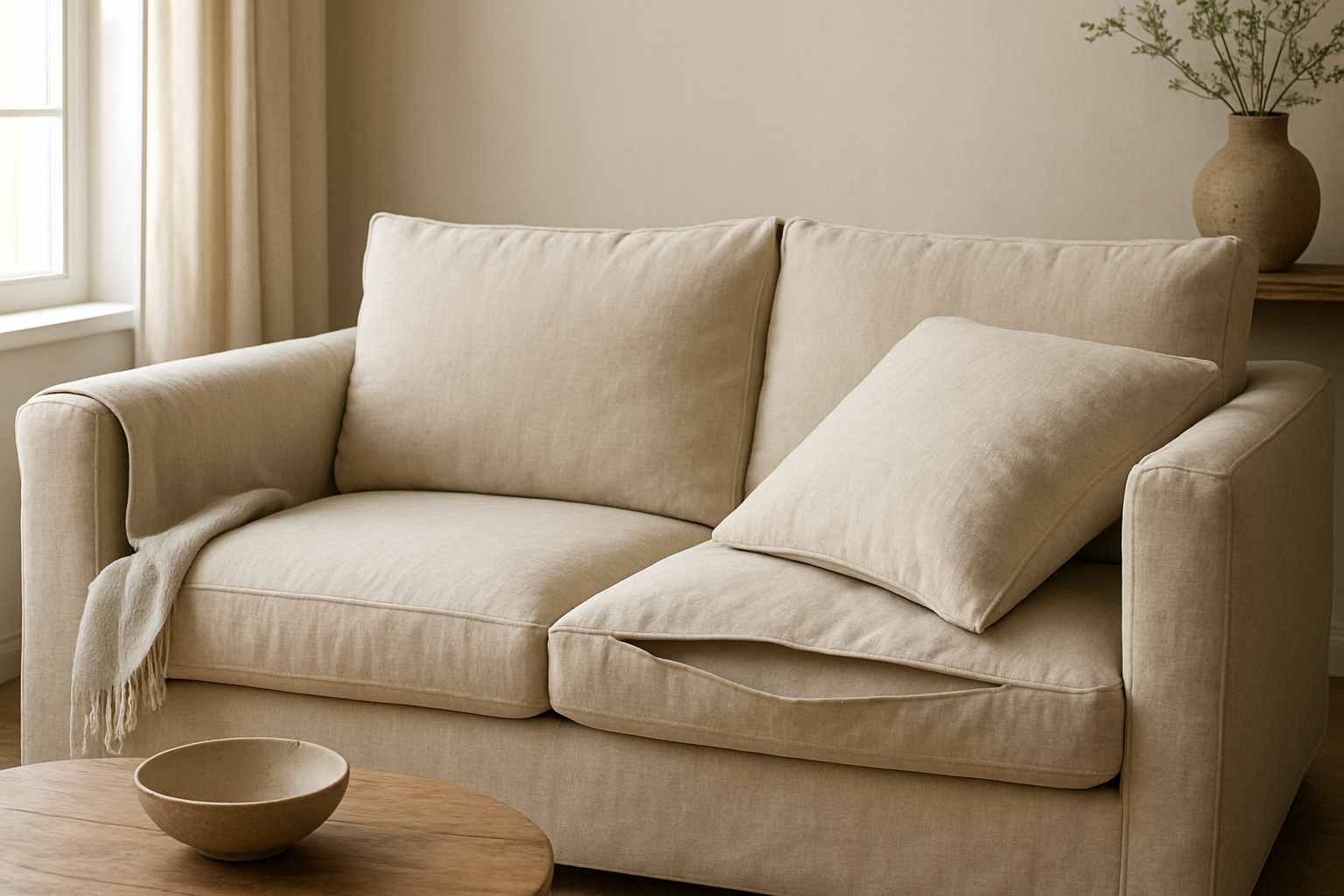 Housse de coussin épais sans fermeture éclair en lin beige sur canapé gris, avec rabat portefeuille visible, lumière naturelle du jour.