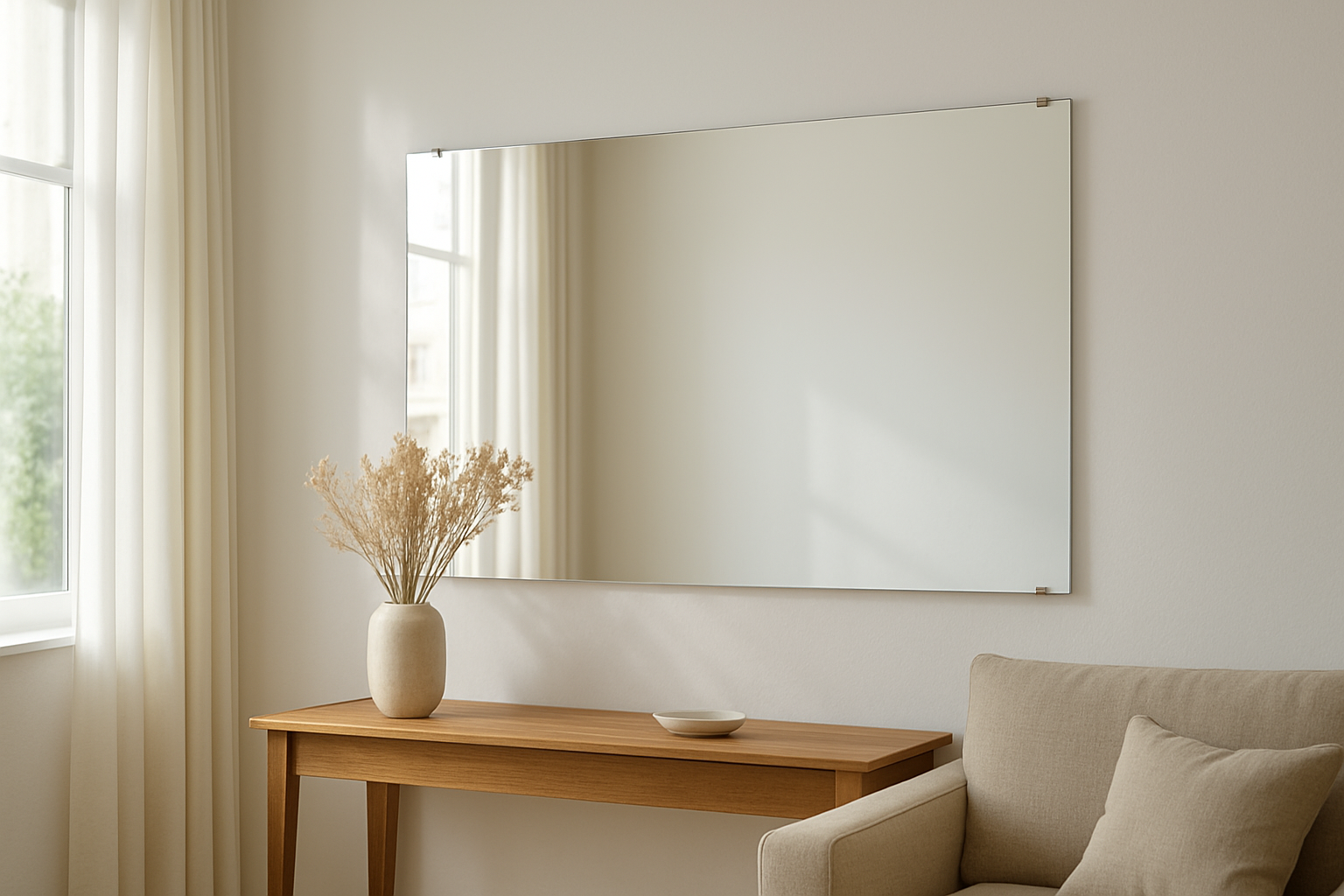 Grand miroir mural sans cadre fixé solidement sur un mur blanc dans un salon lumineux, avec des pattes de fixation invisibles et une console en bois en dessous.