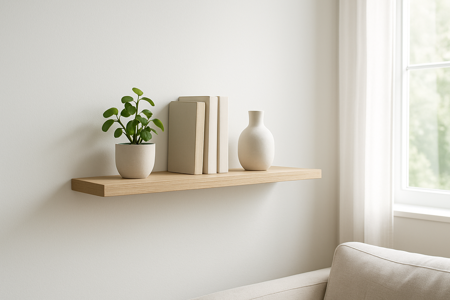 Étagère murale en bois clair fixée avec système invisible, décorée de livres et d'une plante, dans un intérieur lumineux