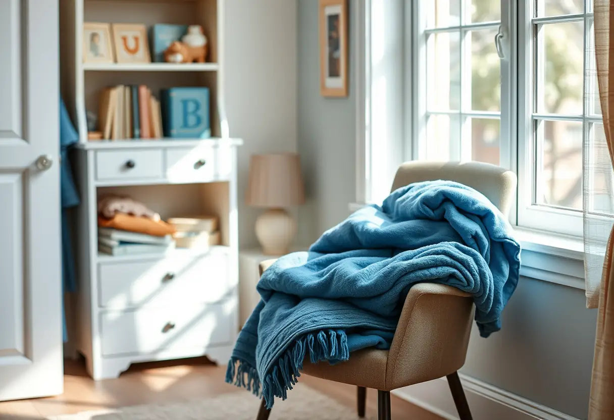 Dans un coin de la chambre d'un enfant, une pile de plaids bleu nuit repose sur une chaise près d'une fenêtre, éclairée par la lumière naturelle, formant un coin lecture apaisant.