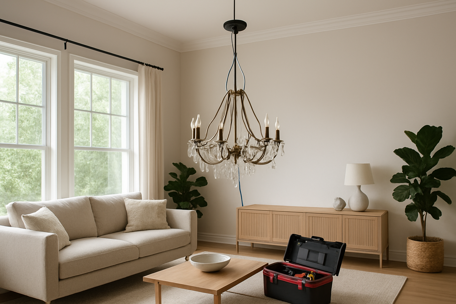 Lustre moderne en cours d'installation au plafond d'un salon lumineux, avec fils électriques apparents et boîte à outils à proximité, décoration intérieure élégante.
