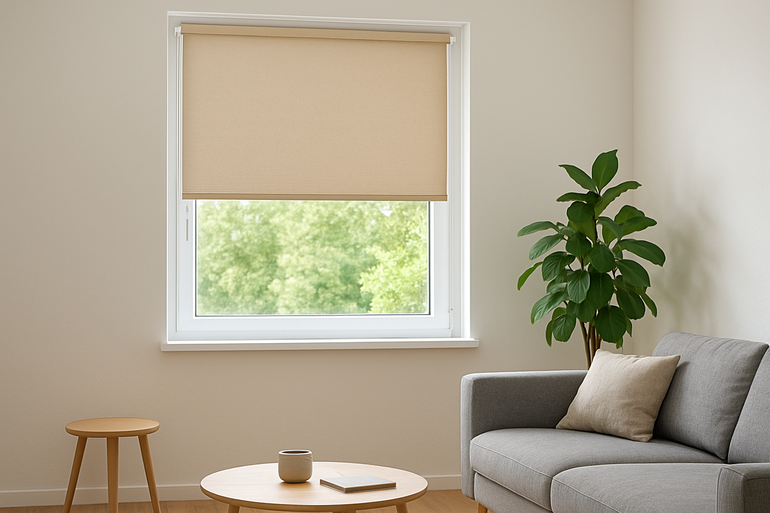 Store enrouleur beige installé sans percer sur une fenêtre PVC blanche, avec clips de fixation visibles, dans un salon lumineux au style moderne