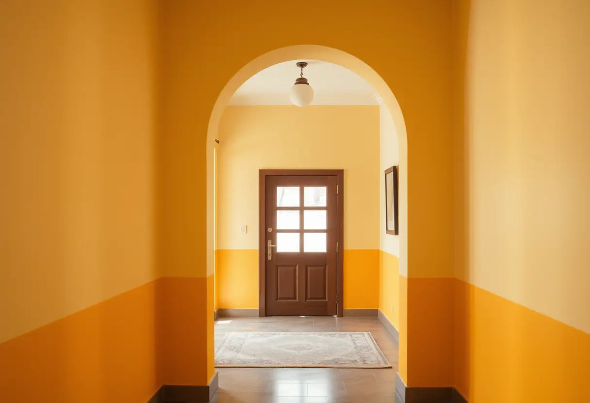 Un encadrement peint en jaune vif contraste avec des murs beige apaisants dans une petite entrée.