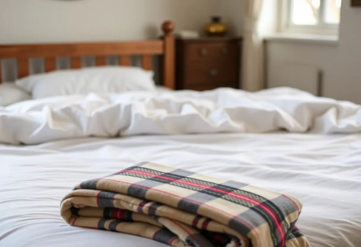 Une chambre accueillante avec un lit bien fait et une couverture plaid posée en bas