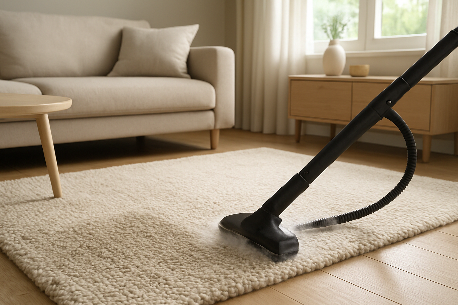 Tapis de salon en laine en cours de nettoyage avec un nettoyeur vapeur, montrant la différence entre la partie sale et la partie propre, dans un salon lumineux avec plancher en bois.