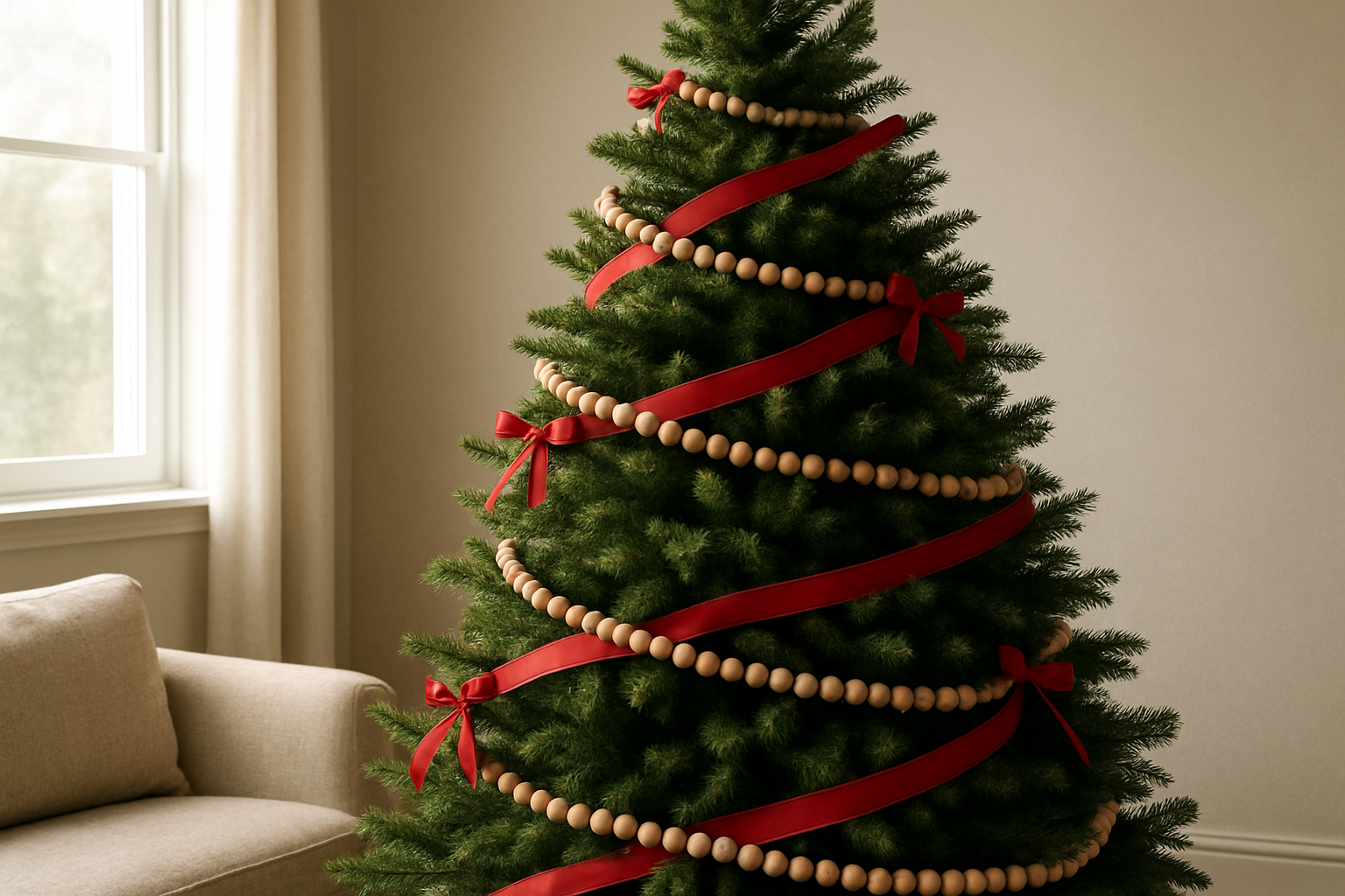 Sapin de Noël décoré d'une guirlande non lumineuse en perles de bois et ruban rouge, enroulée en spirale, dans un salon lumineux au style scandinave.