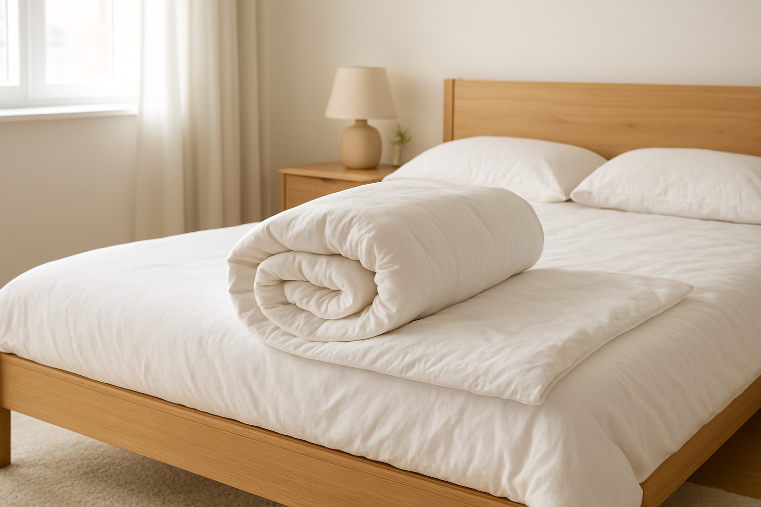 Lit avec housse de couette blanche en cours d'enfilage par la méthode du rouleau, lumière naturelle, chambre calme et rangée