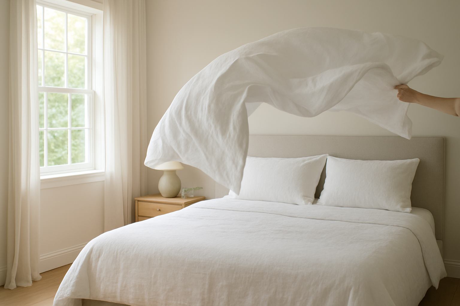 Personne secouant une housse de couette blanche en lin sur un lit dans une chambre lumineuse, technique pour mettre une housse de couette seul facilement