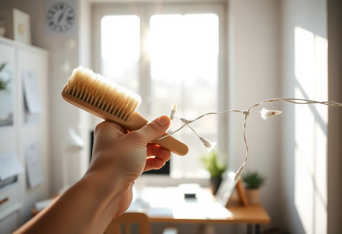 Une main utilisant un pinceau à poils doux pour nettoyer une guirlande lumineuse en coton dans un bureau d'une maison