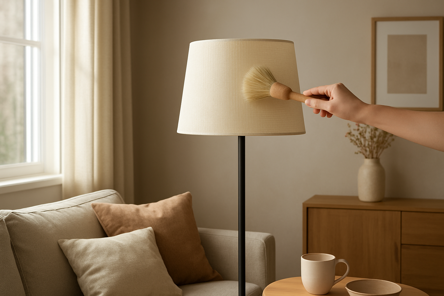 Nettoyer un abat-jour en tissu blanc avec une brosse douce dans un salon lumineux au style scandinave