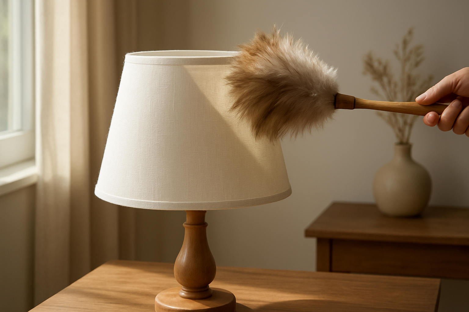 Abat-jour en tissu blanc dépoussiéré avec un plumeau, posé sur une table en bois, lumière naturelle douce.