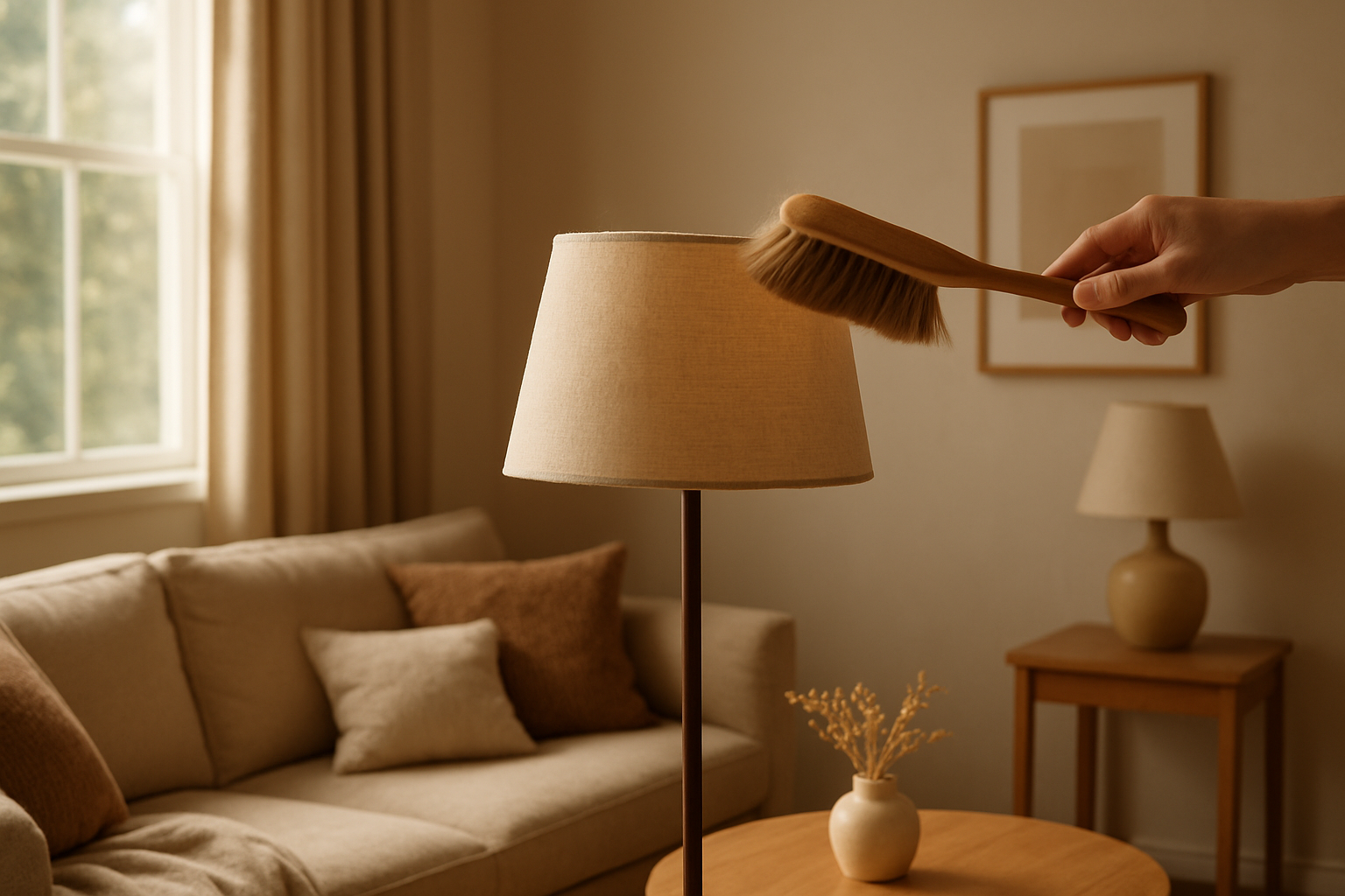Nettoyage d'un abat-jour en tissu blanc avec une brosse douce dans un salon lumineux et cosy