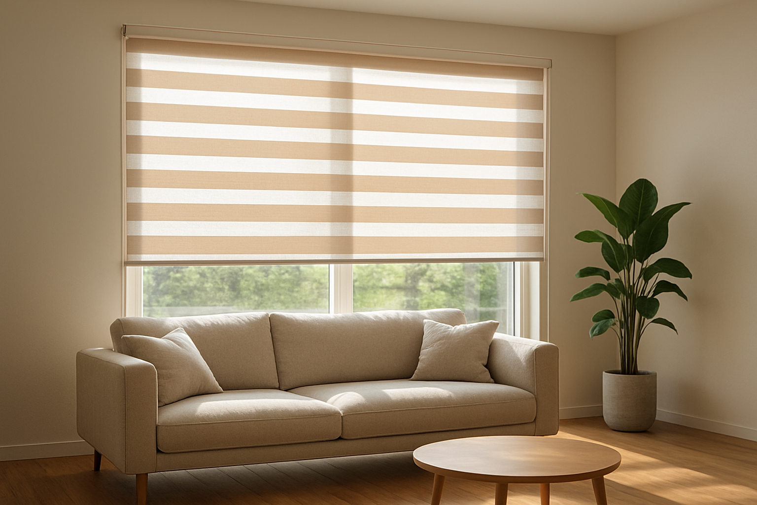 Store enrouleur jour nuit partiellement baissé dans un salon moderne, avec bandes alternées opaques et transparentes laissant filtrer la lumière naturelle.