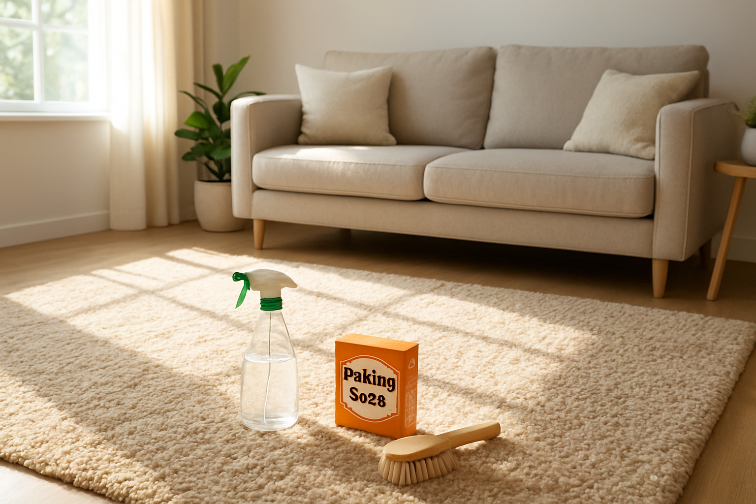 Tapis de salon beige très sale avec un spray nettoyant et du bicarbonate de soude posés dessus, prêts pour le nettoyage en profondeur.