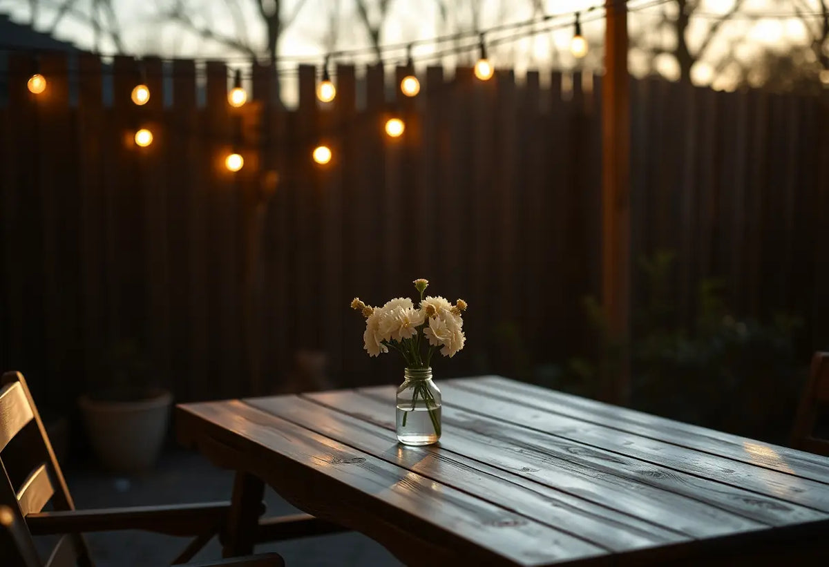 Des lumières anciennes éclairent une table de jardin avec un vase de fleurs fraîches.
