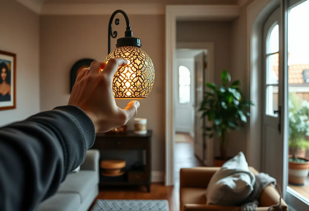 Une main ajuste une lampe décorative dans un espace accueillant