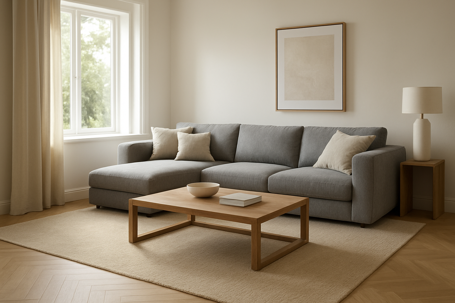 Grand tapis beige rectangulaire sous un canapé d'angle gris dans un salon moderne avec table basse en bois et lumière naturelle, illustrant comment placer un tapis dans un salon.