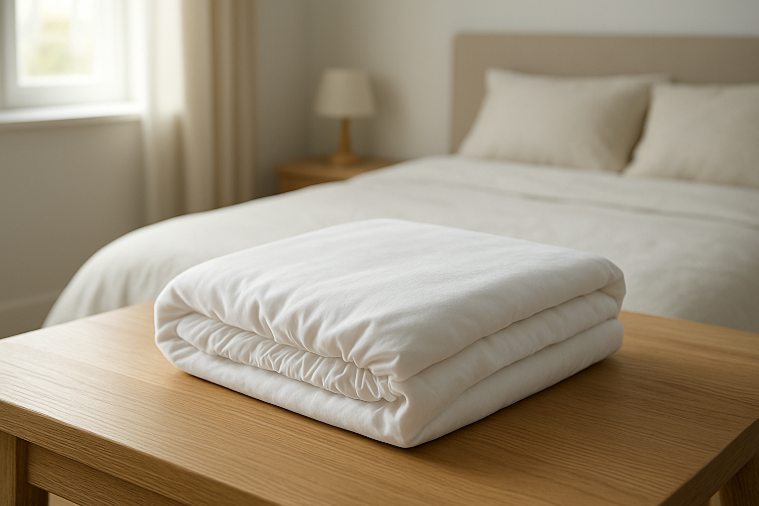 Drap housse blanc plié en carré posé sur une table en bois, avec une chambre minimaliste en arrière-plan, lumière naturelle.