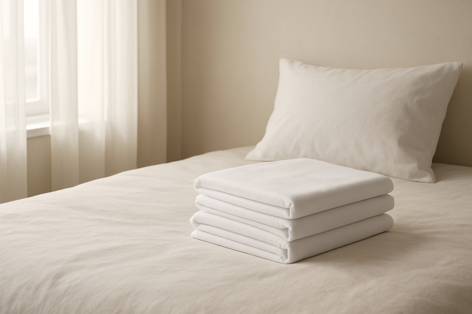 Drap housse blanc plié en rectangle posé sur un lit, prêt à être rangé, avec un oreiller à côté, lumière naturelle.