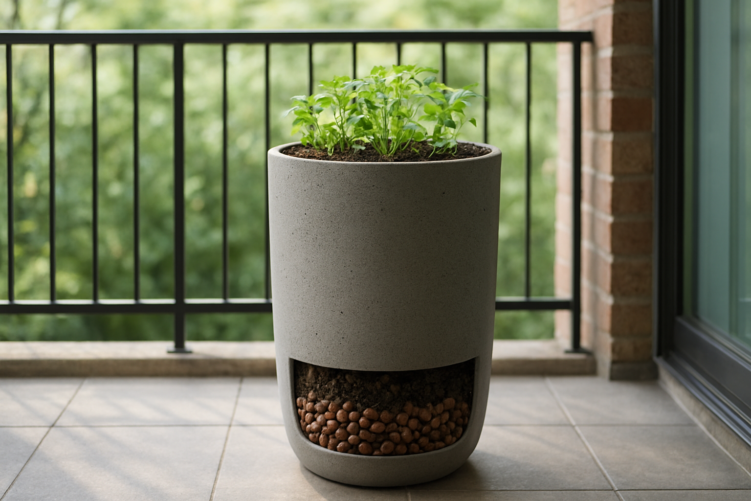 Jardinière haute remplie de terreau avec couche drainante de billes d'argile visible, posée sur un balcon ensoleillé