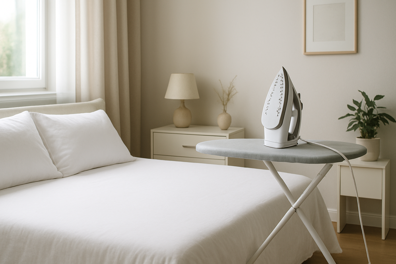 Drap-housse blanc parfaitement repassé sur un lit, avec un fer à vapeur sur une table à repasser, dans une chambre lumineuse et minimaliste.
