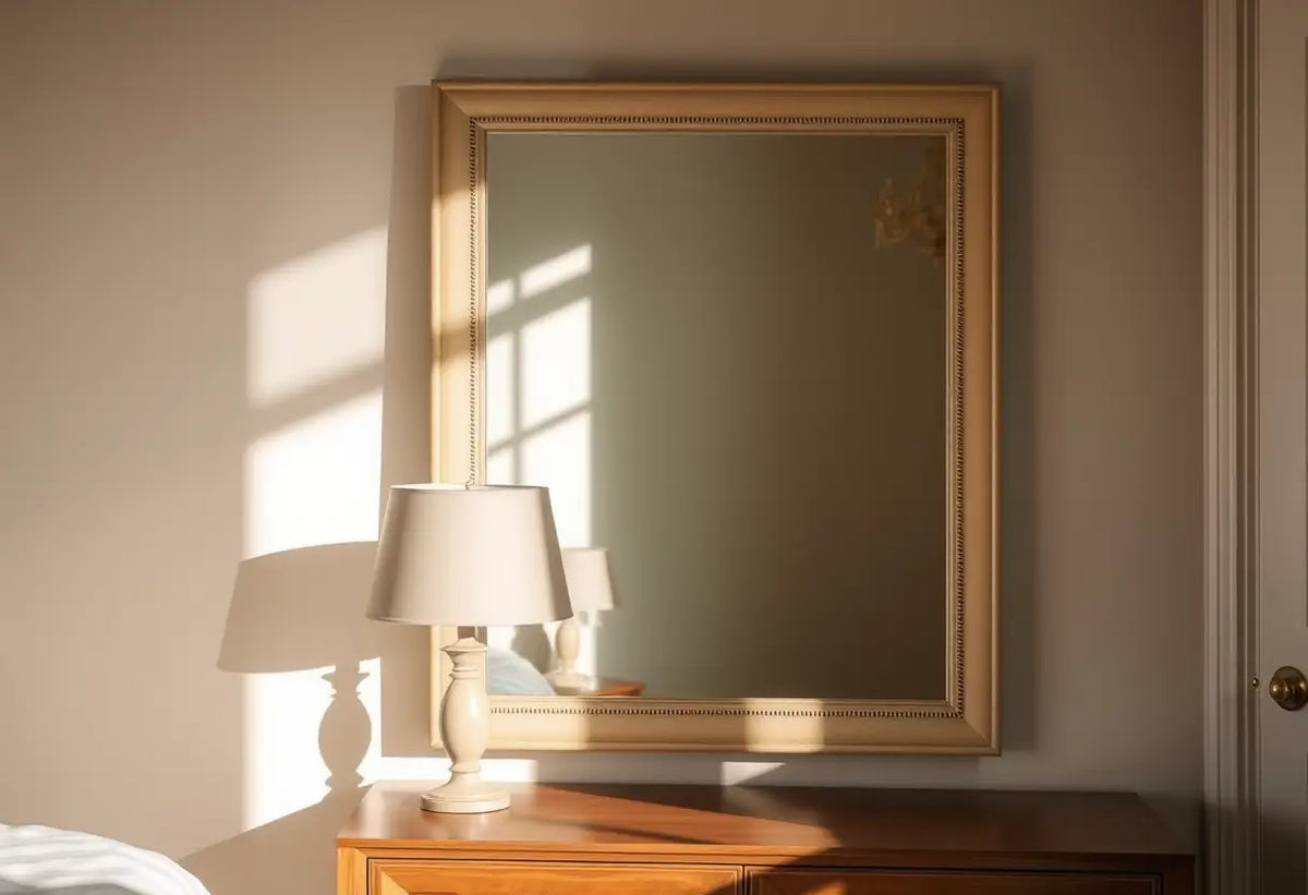 Un grand miroir beige reflète la douce lumière d'une lampe de chevet dans une chambre confortable.