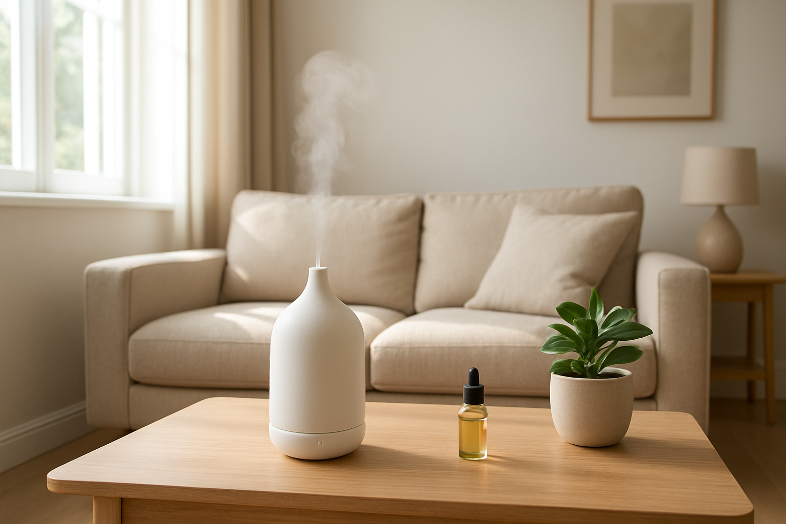 Diffuseur de parfum électrique design en céramique blanche sur une table basse en bois, avec brume légère et huiles essentielles à côté, dans un salon lumineux