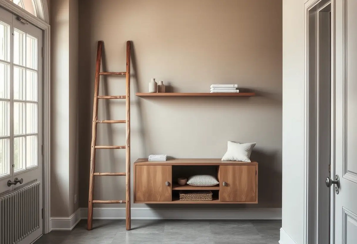 Échelle en bois contre une étagère taupe dans l'entrée, lumière naturelle