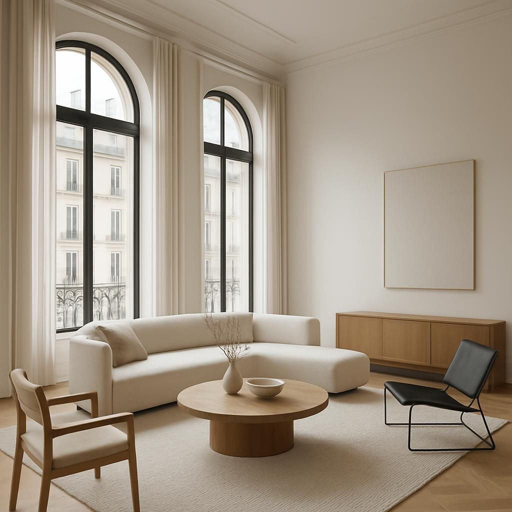 Aménagement d'un appartement avec de hauts plafonds pour une décoration intérieure élégante et spacieuse.