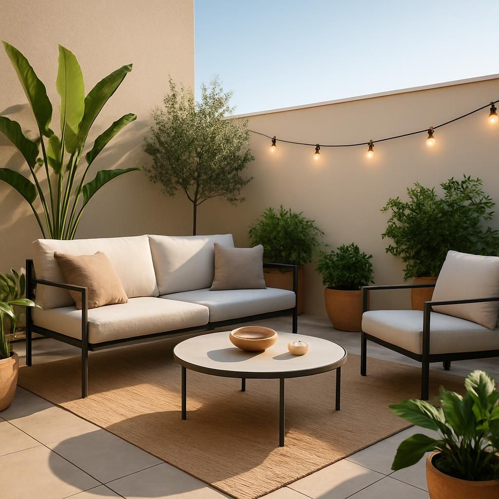 Décoration de terrasse avec des plantes et des meubles de jardin pour un espace extérieur accueillant
