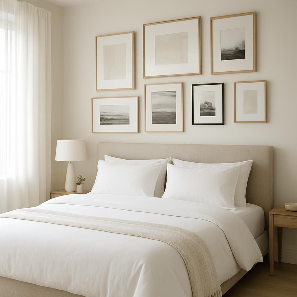 Disposition de cadres au-dessus d'un lit pour une décoration murale harmonieuse