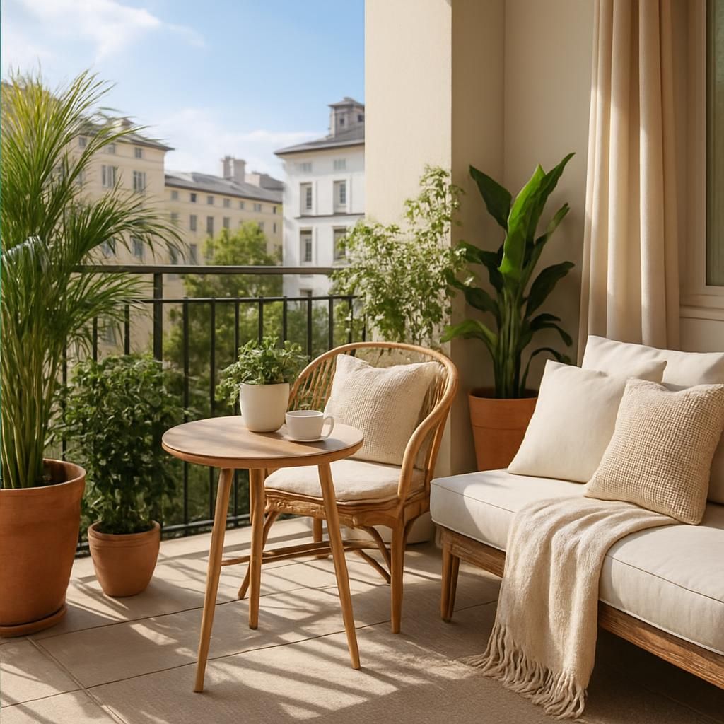 Balcon fleuri avec des plantes en pots et des meubles de jardin design