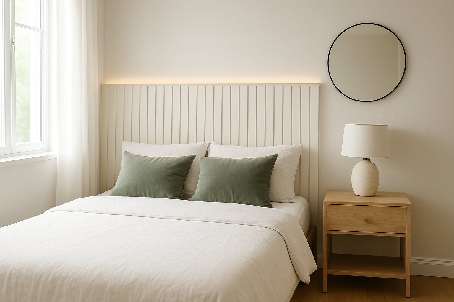Tête de lit en lattes de bois verticales avec éclairage LED intégré dans une chambre scandinave lumineuse, lit en bois clair avec linge de lit blanc et coussins verts
